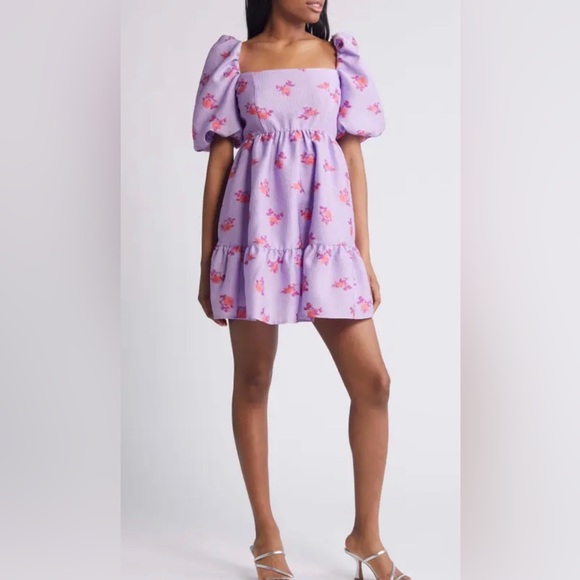 CHELSEA28 Brocade Puff Sleeve Babydoll Dress In Purple size xsmall. - Picture 2 of 11